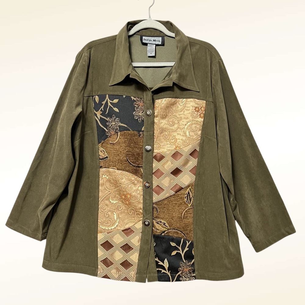 Indigo Moon Suede Patchwork Button Up Shirt Size 1X Olive Green Brown Artsy Boho